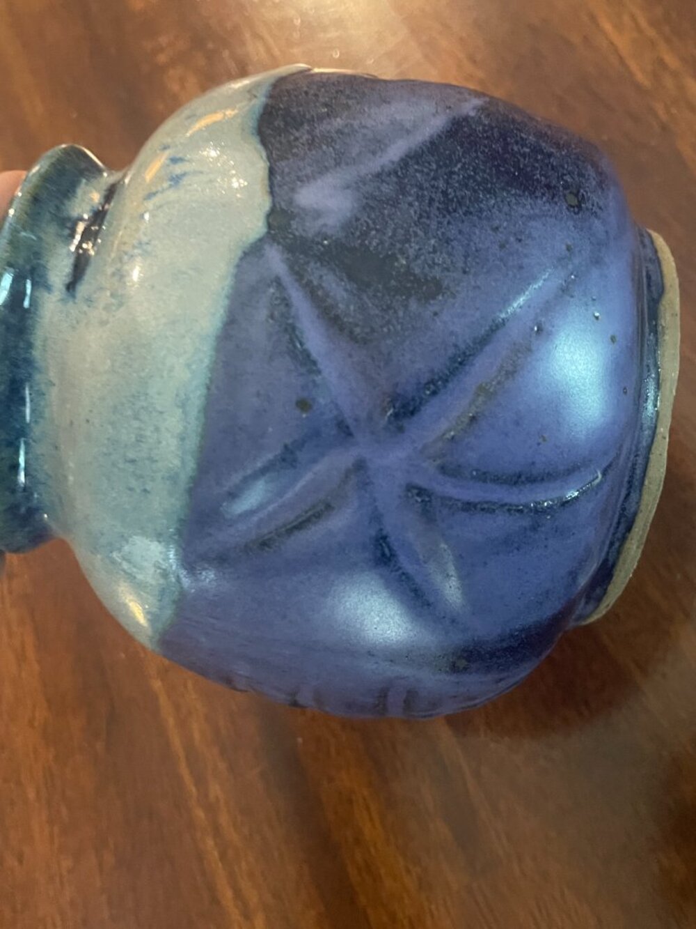 Handmade Blue Glaze Pottery Vase Starfish & Chinese Symbols 5" x 3" Signed - Picture 5 of 7